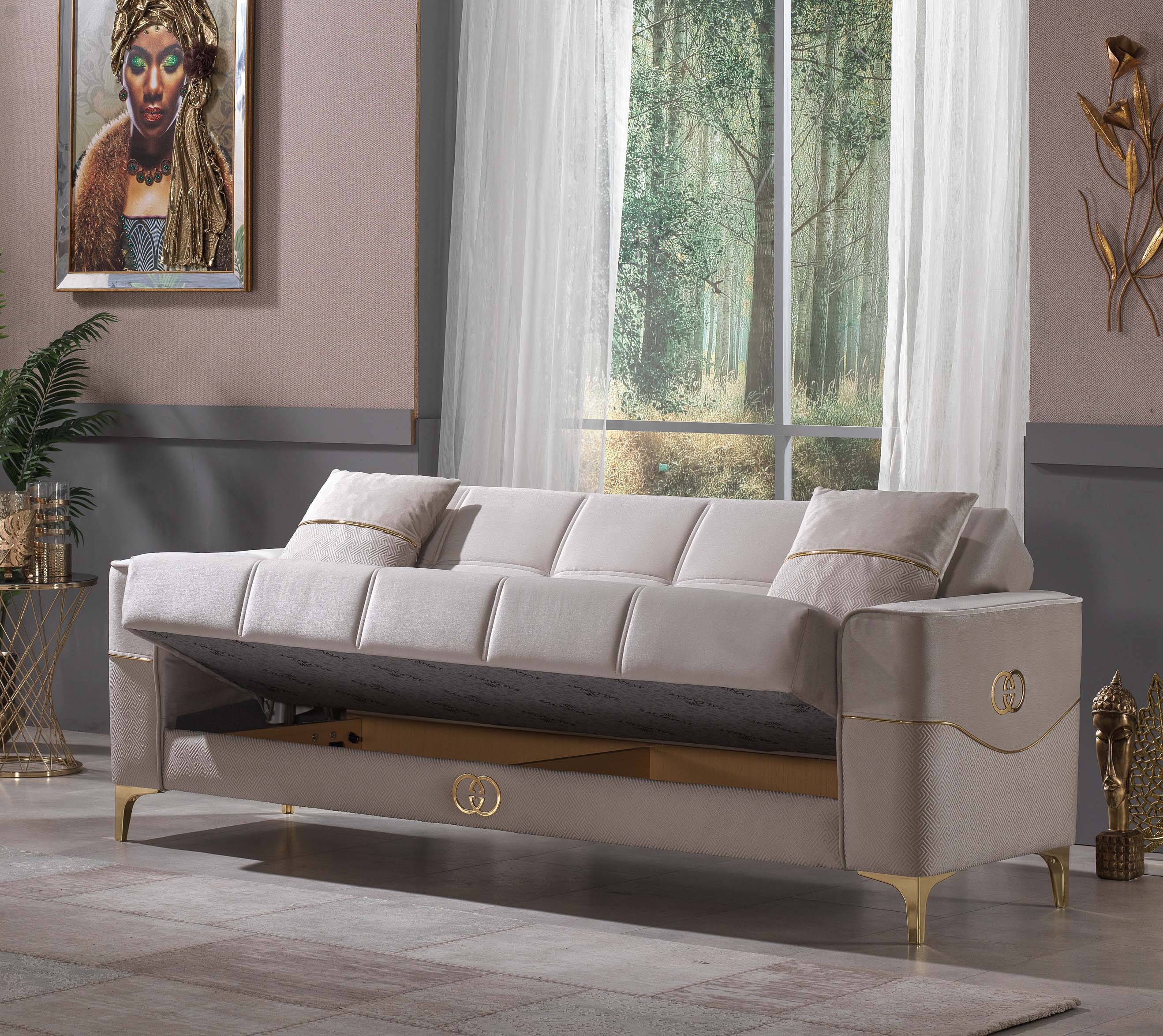 Canapea 2 locuri extensibilă cu spațiu de depozitare Clara