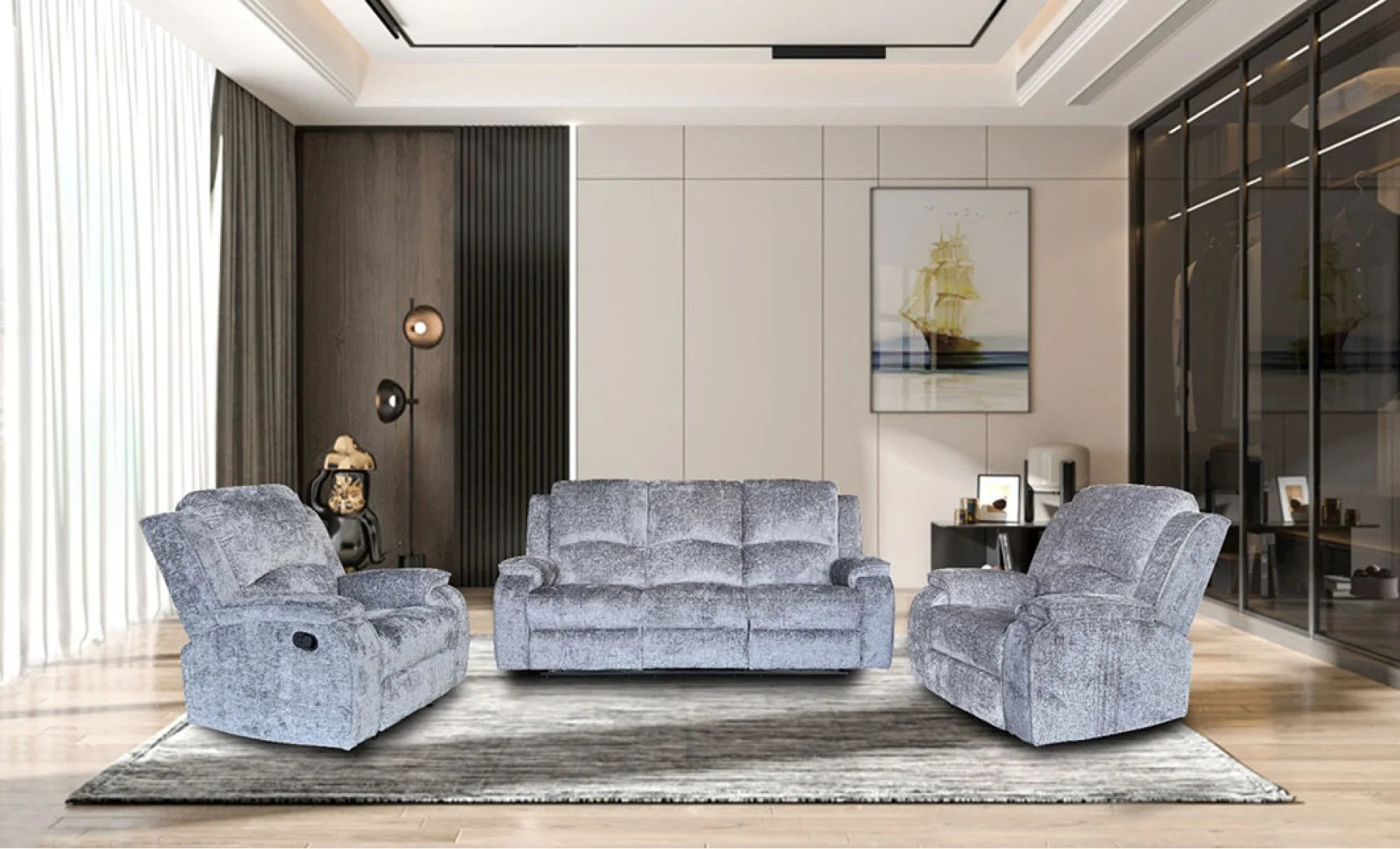 Set canapea cu 2 fotolii, sistem recliner manual Amber , Gri/Bej